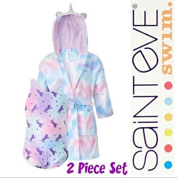 NWT SAINT EVE Girls Youth Unicorn Beach CoverUp Robe & Swimsuit 2 piece Set: Siz - Picture 1 of 7